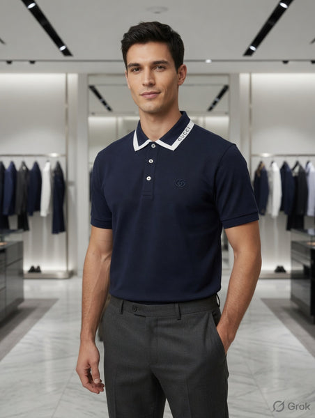 "Branded i men's navy blue short-sleeve piqué polo shirt with white contrast collar stripe T-shirt , Brand text on collar, tonal GG chest logo and metallic placket buttons, displayed on hanger in luxury boutique"