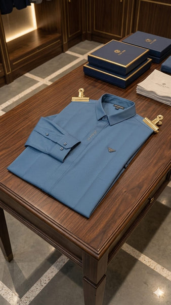 "Man wearing branded  steel blue long-sleeve polo shirt with EA eagle logo badge, inside a luxury Armani boutique"