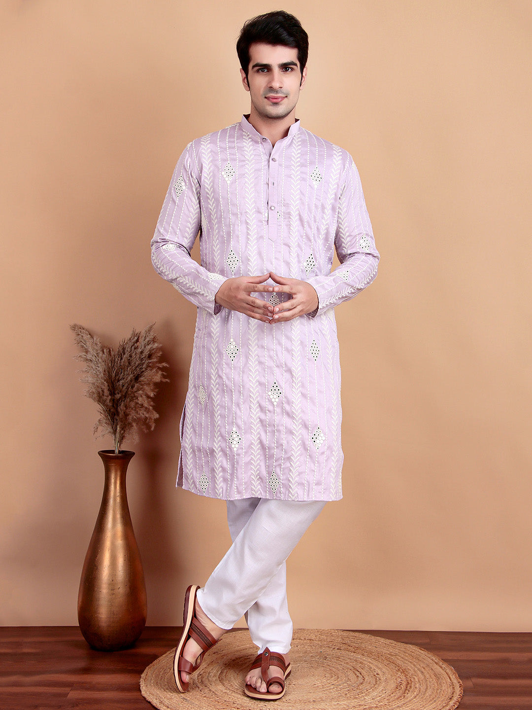 Elegant Pastel Pink Embroidered Kurta Pajama Set for Men
