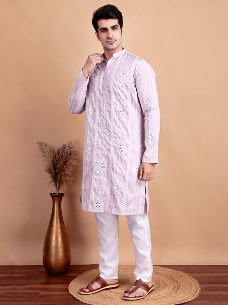 Elegant Pastel Pink Embroidered Kurta Pajama Set for Men