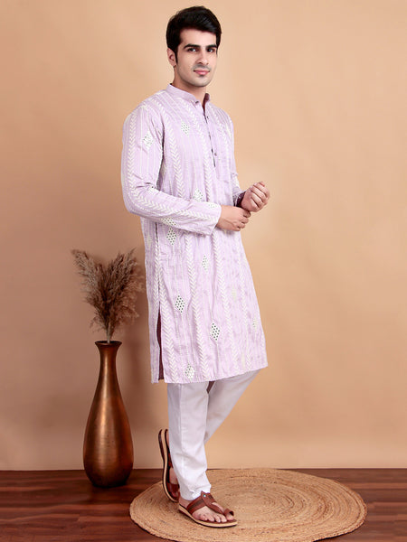 Elegant Pastel Pink Embroidered Kurta Pajama Set for Men