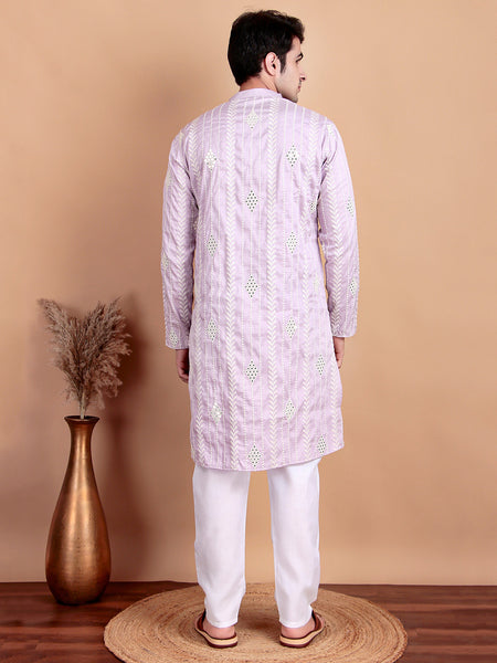 Elegant Pastel Pink Embroidered Kurta Pajama Set for Men