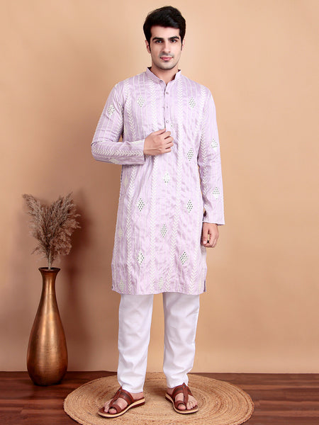 Elegant Pastel Pink Embroidered Kurta Pajama Set for Men