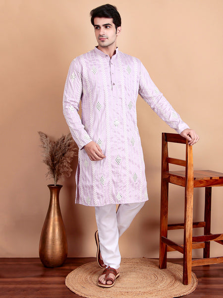Elegant Pastel Pink Embroidered Kurta Pajama Set for Men