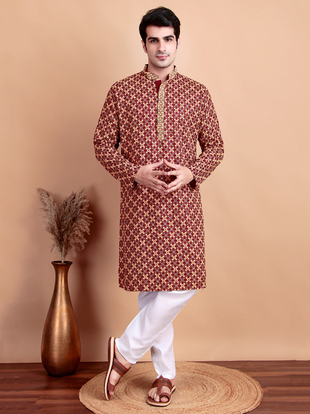 Regal Maroon & Yellow Thread  Embroidered Kurta with White Pajama for Festive Wear