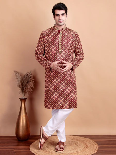 Regal Maroon & Yellow Thread  Embroidered Kurta with White Pajama for Festive Wear