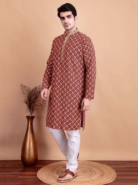 Regal Maroon & Yellow Thread  Embroidered Kurta with White Pajama for Festive Wear