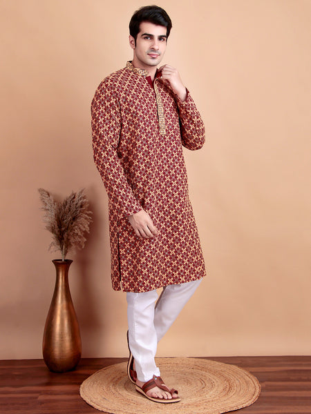 Regal Maroon & Yellow Thread  Embroidered Kurta with White Pajama for Festive Wear