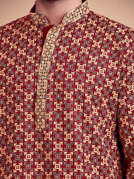 Regal Maroon & Yellow Thread  Embroidered Kurta with White Pajama for Festive Wear