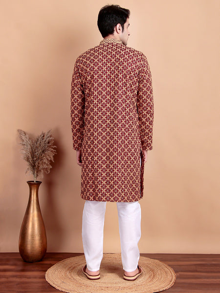 Regal Maroon & Yellow Thread  Embroidered Kurta with White Pajama for Festive Wear