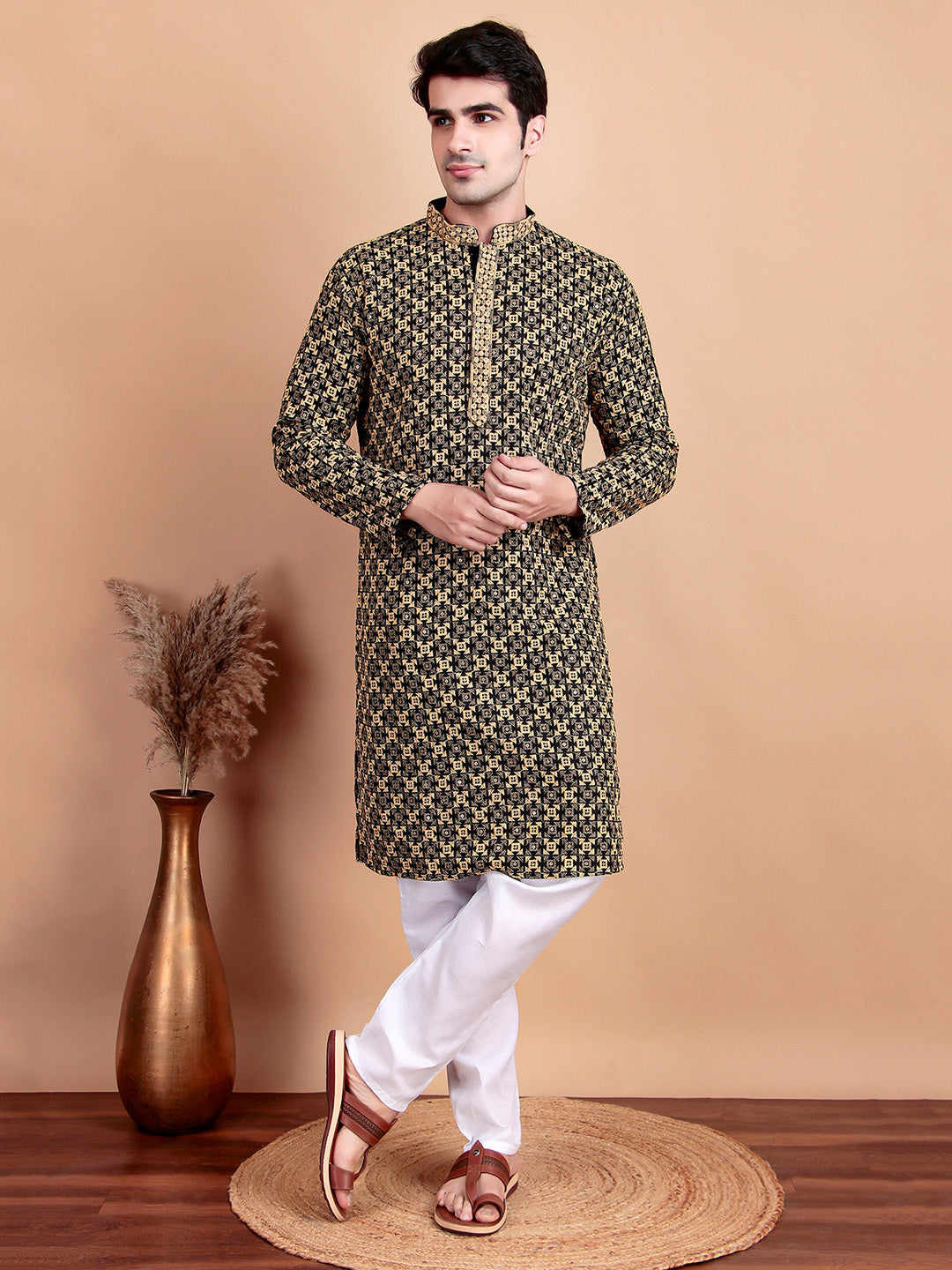 Elegant Black Kurta Pyjama Set with Yellow Thread Embroidered Geometric Pattern & Embellished Neckline