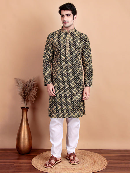 Elegant Black Kurta Pyjama Set with Yellow Thread Embroidered Geometric Pattern & Embellished Neckline