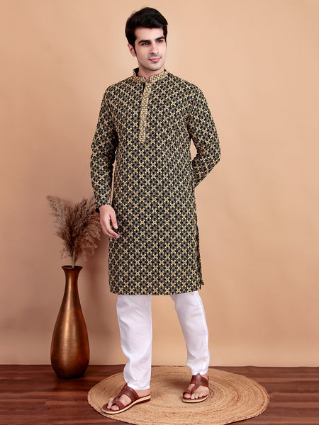 Elegant Black Kurta Pyjama Set with Yellow Thread Embroidered Geometric Pattern & Embellished Neckline