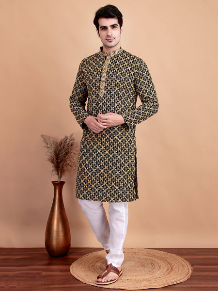 Elegant Black Kurta Pyjama Set with Yellow Thread Embroidered Geometric Pattern & Embellished Neckline