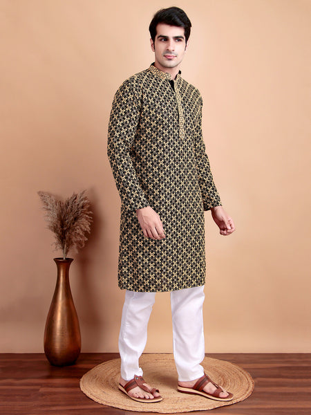 Elegant Black Kurta Pyjama Set with Yellow Thread Embroidered Geometric Pattern & Embellished Neckline