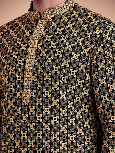 Elegant Black Kurta Pyjama Set with Yellow Thread Embroidered Geometric Pattern & Embellished Neckline