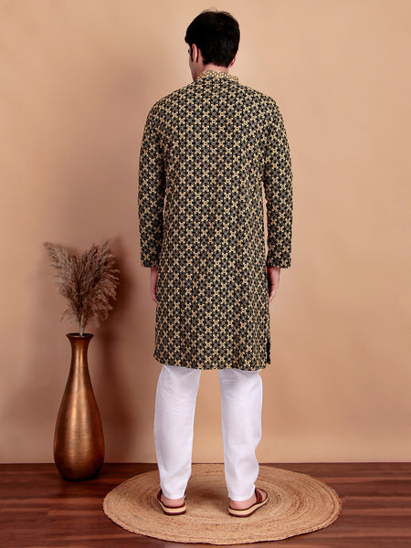 Elegant Black Kurta Pyjama Set with Yellow Thread Embroidered Geometric Pattern & Embellished Neckline