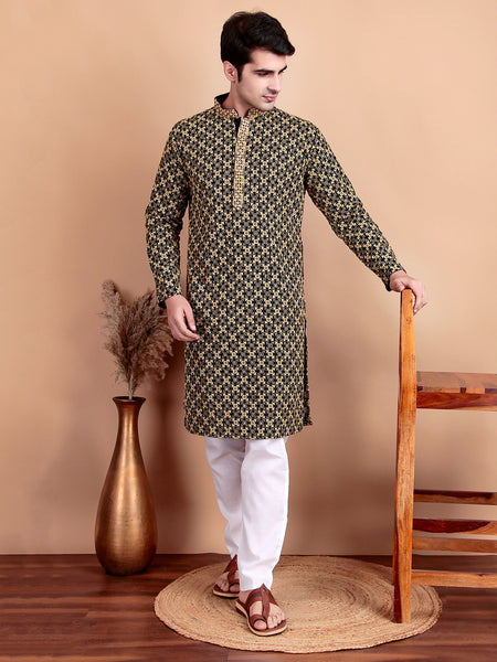 Elegant Black Kurta Pyjama Set with Yellow Thread Embroidered Geometric Pattern & Embellished Neckline