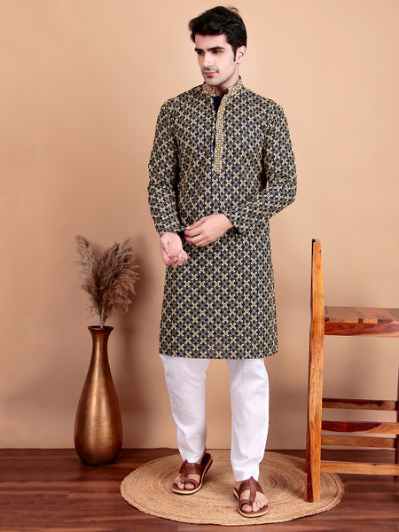 Elegant Navy Blue Kurta Pyjama Set with Yellow Thread Embroidered Geometric Pattern & Embellished Neckline