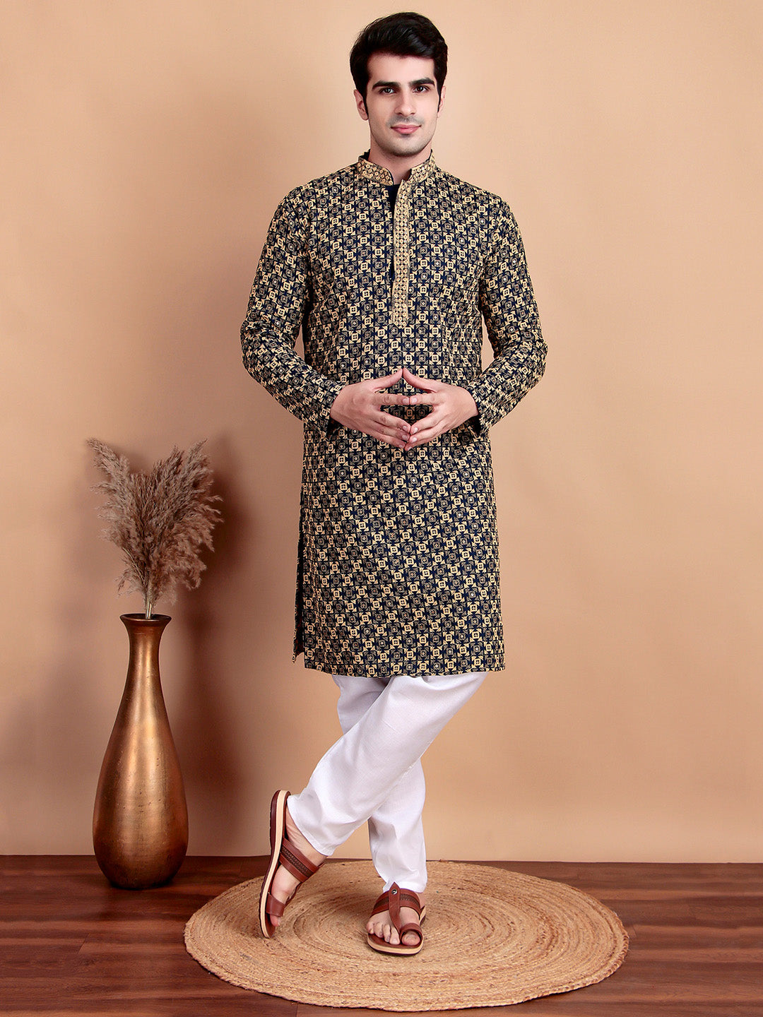 Elegant Navy Blue Kurta Pyjama Set with Yellow Thread Embroidered Geometric Pattern & Embellished Neckline