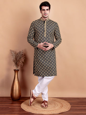 Elegant Navy Blue Kurta Pyjama Set with Yellow Thread Embroidered Geometric Pattern & Embellished Neckline