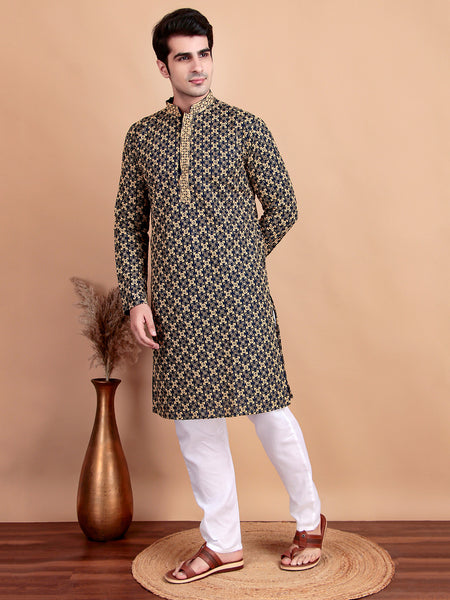 Elegant Navy Blue Kurta Pyjama Set with Yellow Thread Embroidered Geometric Pattern & Embellished Neckline
