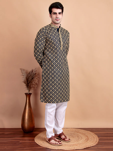 Elegant Navy Blue Kurta Pyjama Set with Yellow Thread Embroidered Geometric Pattern & Embellished Neckline