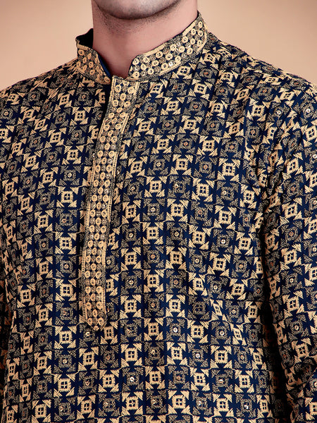 Elegant Navy Blue Kurta Pyjama Set with Yellow Thread Embroidered Geometric Pattern & Embellished Neckline