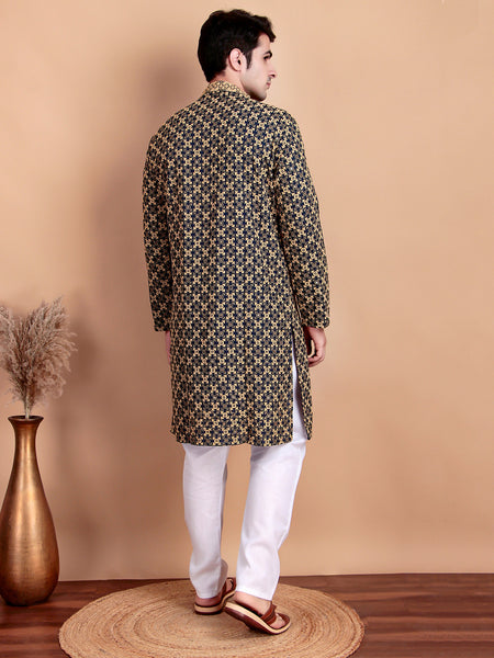 Elegant Navy Blue Kurta Pyjama Set with Yellow Thread Embroidered Geometric Pattern & Embellished Neckline