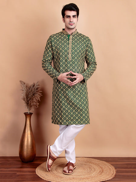 Regal Green & Yellow Thread Embroidered Kurta with White Pajama for Festive Wear