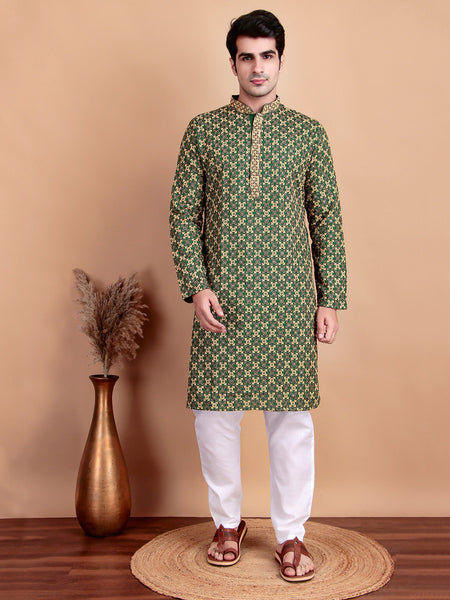Regal Green & Yellow Thread Embroidered Kurta with White Pajama for Festive Wear