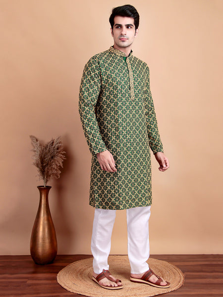 Regal Green & Yellow Thread Embroidered Kurta with White Pajama for Festive Wear