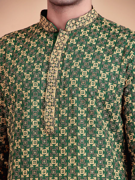 Regal Green & Yellow Thread Embroidered Kurta with White Pajama for Festive Wear