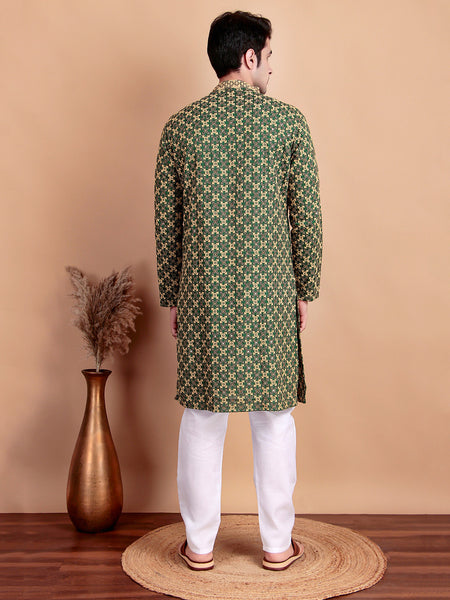 Regal Green & Yellow Thread Embroidered Kurta with White Pajama for Festive Wear