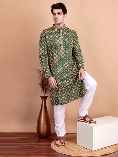 Regal Green & Yellow Thread Embroidered Kurta with White Pajama for Festive Wear