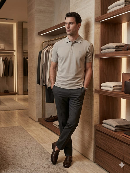 Man wearing a sand beige short-sleeve luxury piqué polo shirt with tonal crest embroidery and horn-effect buttons, inside an upscale boutique"