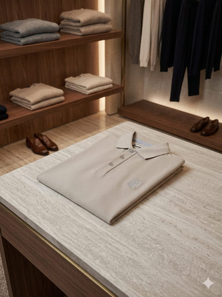 Man wearing a sand beige short-sleeve luxury piqué polo shirt with tonal crest embroidery and horn-effect buttons, inside an upscale boutique"