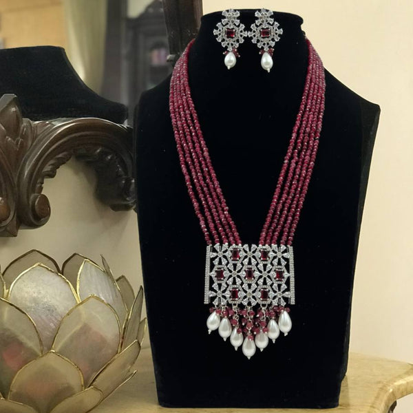 Royal Ruby Beaded Necklace Set with Pearl Drops and Silver CZ Pendant