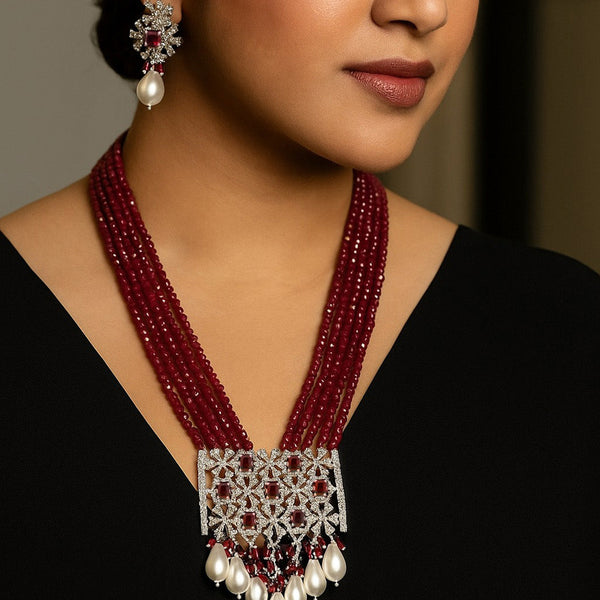 Royal Ruby Beaded Necklace Set with Pearl Drops and Silver CZ Pendant