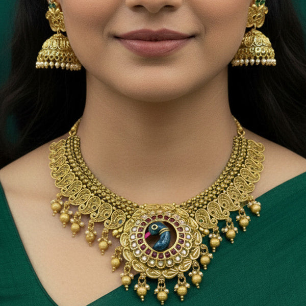 Rajawadi Necklace Peacock Antique Gold Platin Necklace with Jhumka Earrings