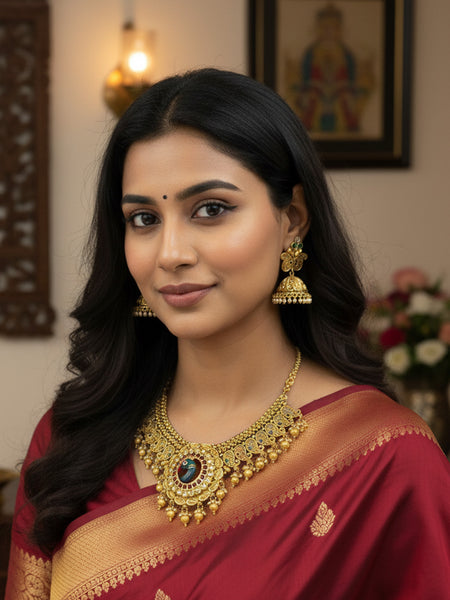 Rajawadi Necklace Peacock Antique Gold Platin Necklace with Jhumka Earrings