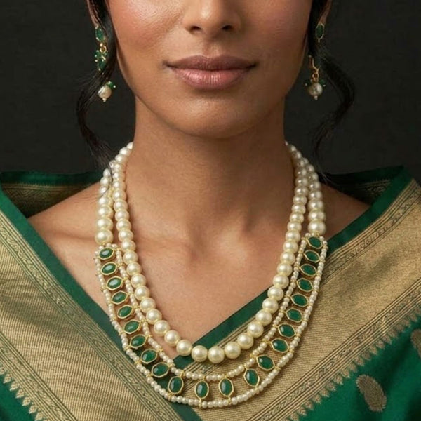 Royal Green Kundan & Pearl Layered Necklace Set