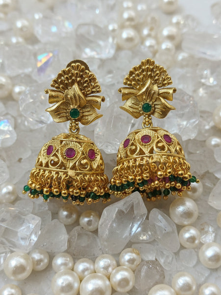 Antique Temple Onyx Beeding  Dancing Goddess Gold Plating & Jhumka Earrings