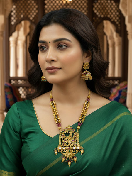 Antique Temple Onyx Beeding  Dancing Goddess Gold Plating & Jhumka Earrings