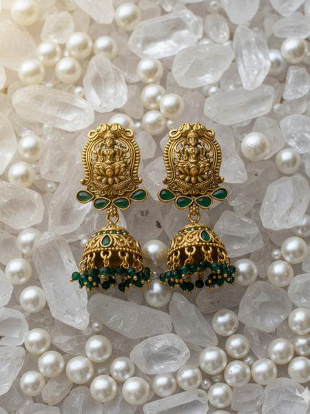 Handcrafted Antique Lakshmi Temple Necklace with Emerald Bead Strings