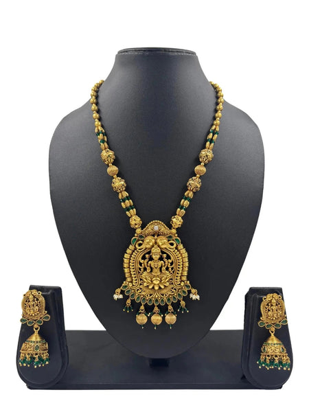 Handcrafted Antique Lakshmi Temple Necklace with Emerald Bead Strings