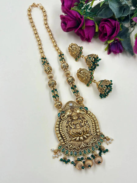 Handcrafted Antique Lakshmi Temple Necklace with Emerald Bead Strings