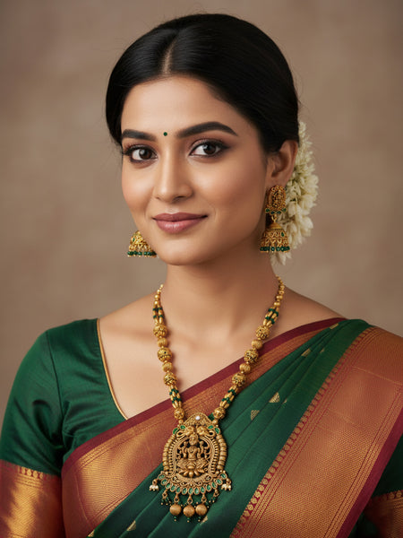 Handcrafted Antique Lakshmi Temple Necklace with Emerald Bead Strings