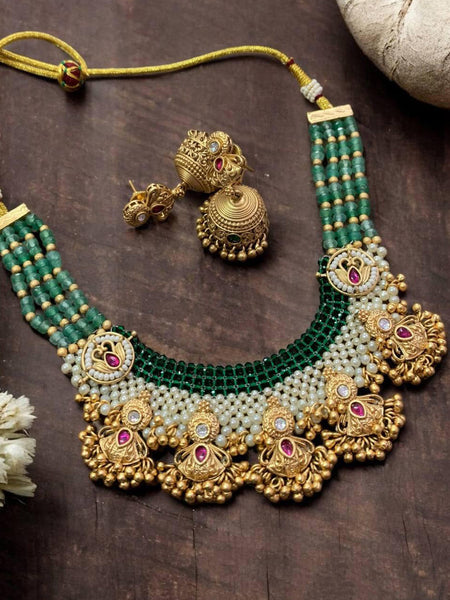 Handcrafted Rajwadi Necklace Pearl–Emerald Temple Choker with Ruby Accents