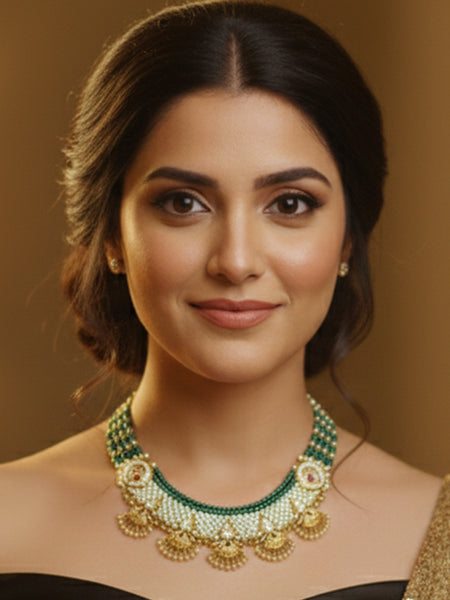 Handcrafted Rajwadi Necklace Pearl–Emerald Temple Choker with Ruby Accents